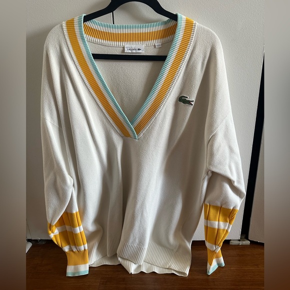 Lacoste V-Neck Sweater with Teal and Yellow Stripe Detail - Picture 1 of 3
